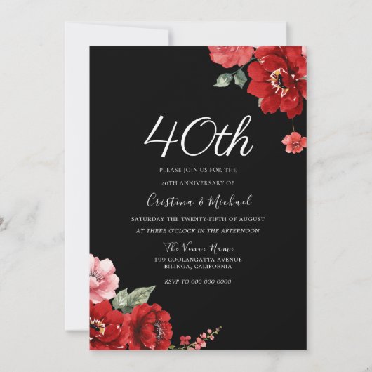 Romantisch Ruby Rood & Zwart Bloemen 40e Jubileum Kaart (Voorkant)