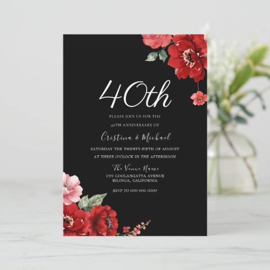Romantisch Ruby Rood & Zwart Bloemen 40e Jubileum Kaart (Staand voorkant)