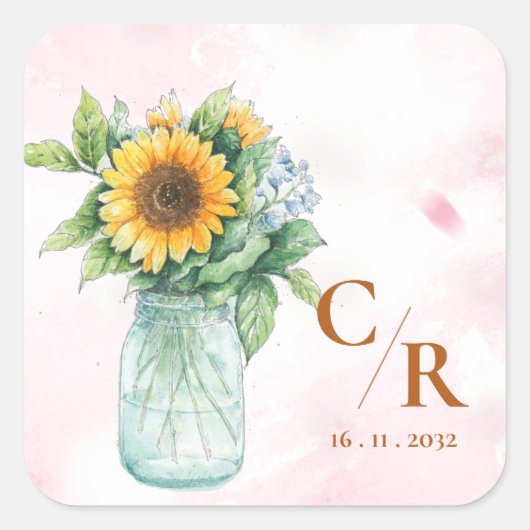 Romantisch Rustiek Bloemen Monogram Zonnebloem Huw Vierkante Sticker (Voorkant)