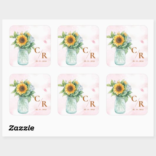 Romantisch Rustiek Bloemen Monogram Zonnebloem Huw Vierkante Sticker (Vel)