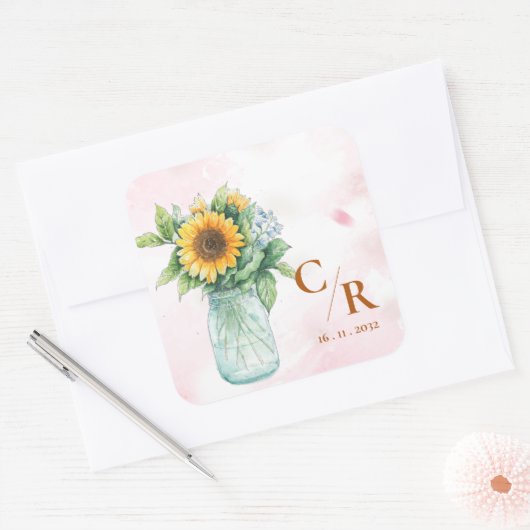 Romantisch Rustiek Bloemen Monogram Zonnebloem Huw Vierkante Sticker (Envelop)