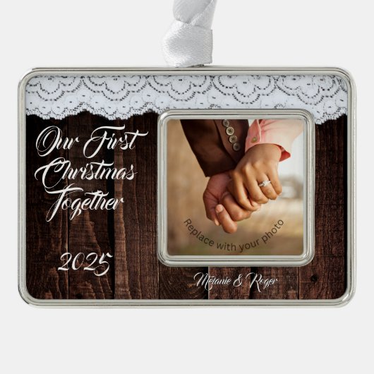 Romantisch Rustiek Chic Kant en Hout Verzilverd Omlijst Ornament (Voorkant)