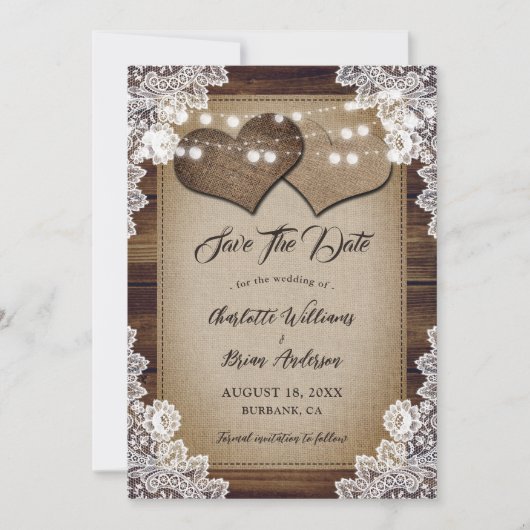 Romantisch Rustiek Country Wood Floral Lace Weddin Save The Date (Voorkant)