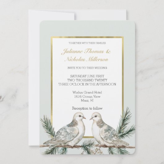 Romantisch Rustiek Groen Wit Goud Vogels Huwelijk Kaart (Voorkant)