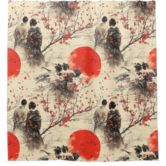 Romantisch Sakura Kimono Koppelpatroon (3) Douchegordijn (Voorkant)