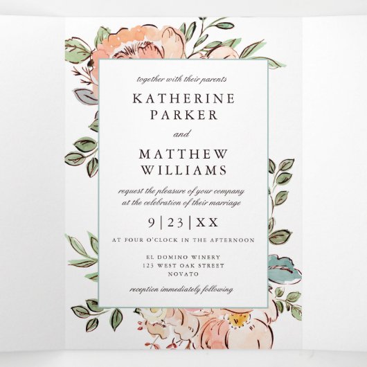 Romantisch schetsboek bloemen all-in-one bruiloft drieluik uitnodiging (Binnenkant midden)