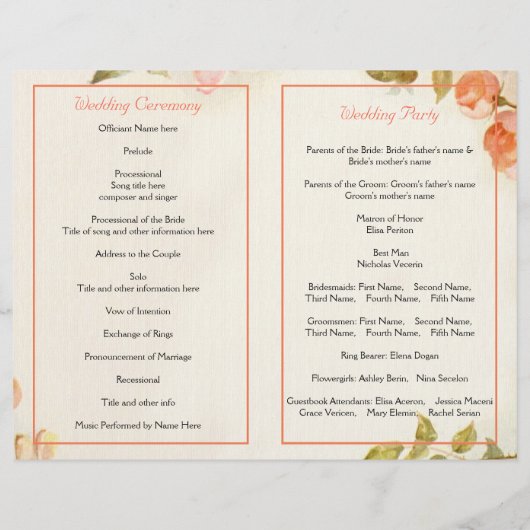 romantisch schilderij van het rozen trouwprogramm (Achterkant)