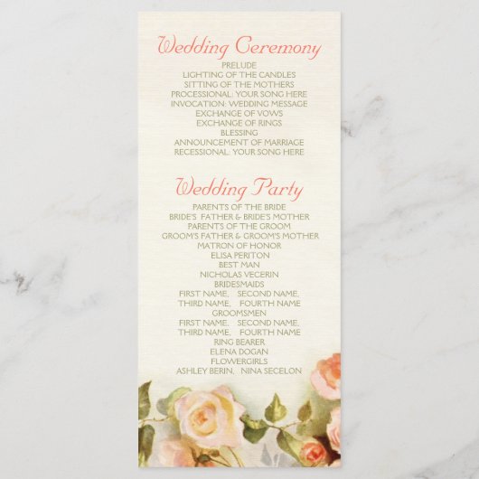  romantisch schilderij van het rozen trouwprogramm programmakaart (Achterkant)