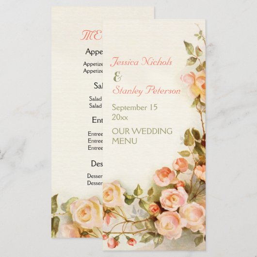 romantisch schilderij van rozen trouwmenu menu (Voorkant / Achterkant)