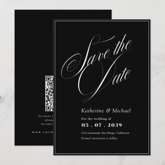 Romantisch Schrift Kalligrafie QR-code Huwelijk Save The Date (Voorkant / Achterkant)