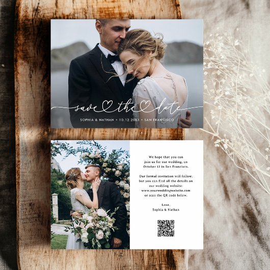 Romantisch schrift met hart en foto's en QR-code Save The Date