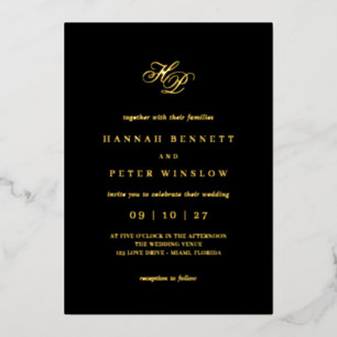 Romantisch Schrift Monogram Initiaal Huwelijk Zwar Folie Uitnodiging
