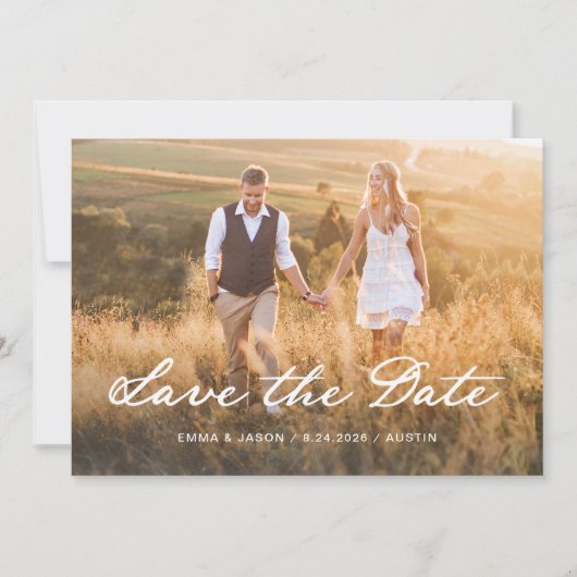 romantisch schrift | Twee foto's en QR-code Save The Date (Voorkant)