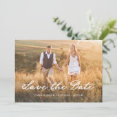 romantisch schrift | Twee foto's en QR-code Save The Date (Staand voorkant)