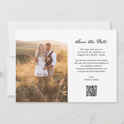 romantisch schrift | Twee foto's en QR-code Save The Date (Achterkant)