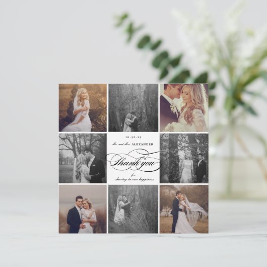 Romantisch Script 8-Foto Elegant Huwelijksontwerp Bedankkaart (Staand voorkant)
