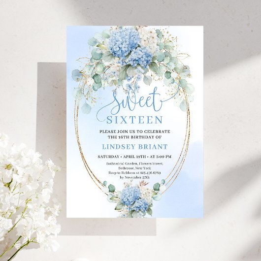 Romantisch script blauwe bloem eucalyptus Sweet 16 Kaart