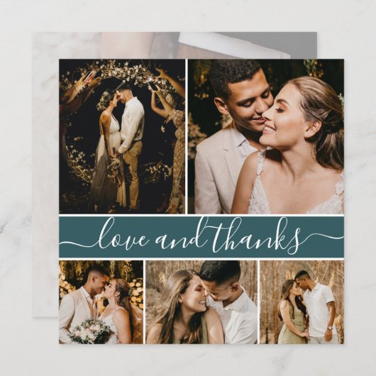 Romantisch script Blauwgroen 5 Photo Collage Weddi Bedankkaart (Voorkant / Achterkant)
