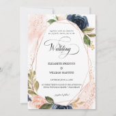 Romantisch Script Blush Pink Navy Floral Wedding Kaart (Voorkant)