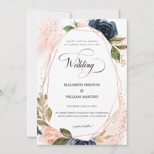 Romantisch Script Blush Pink Navy Floral Wedding Kaart (Voorkant)