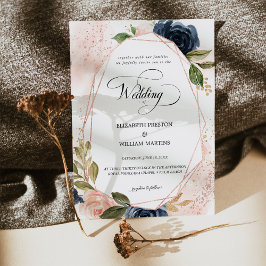 Romantisch Script Blush Pink Navy Floral Wedding Kaart