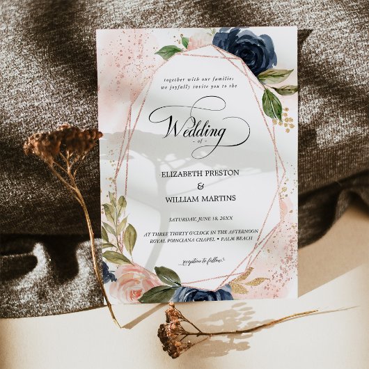 Romantisch Script Blush Pink Navy Floral Wedding Kaart