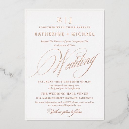 Romantisch Script Calligrafie Monogram Gold Weddin Folie Uitnodiging (Voorkant)