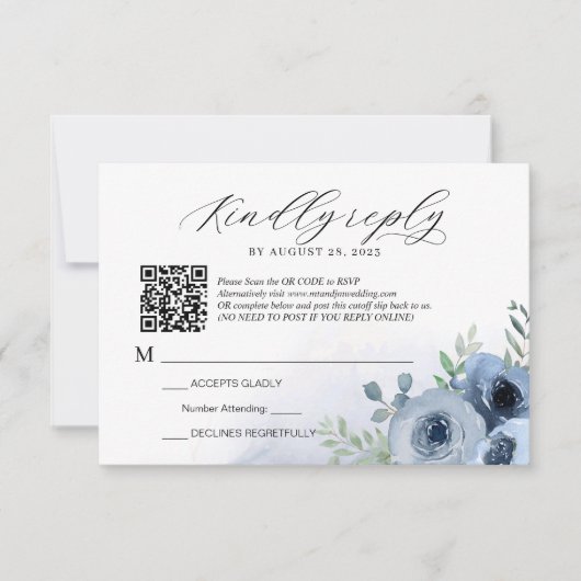 Romantisch Script Dusty Blue Floral QR Code Bruilo RSVP Kaartje (Voorkant)