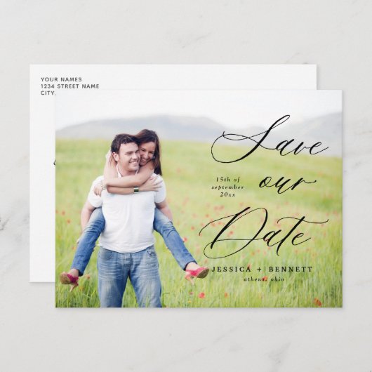 Romantisch Script Foto Sla de datum op Briefkaart (Voorkant / Achterkant)