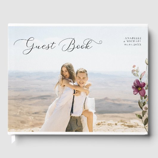 Romantisch Script Foto & Wildbloemen Ivoor Bruilof Gastenboek (Voorkant)