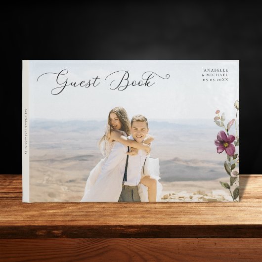 Romantisch Script Foto & Wildbloemen Ivoor Bruilof Gastenboek