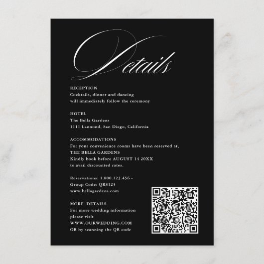 Romantisch Script Kalligrafie Details QRcode Huwel Informatiekaartje (Voorkant)