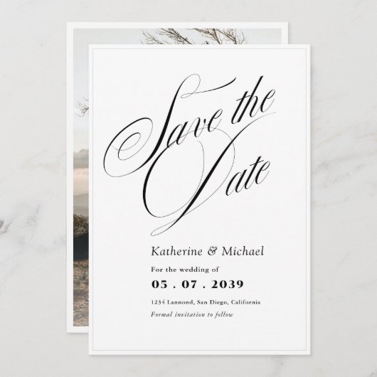 Romantisch Script Kalligrafie Voeg foto toe Huweli Save The Date (Voorkant / Achterkant)