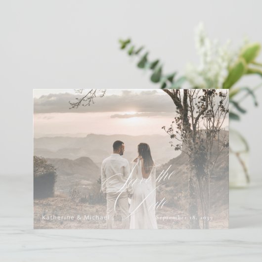 Romantisch Script Kalligrafie Voeg foto toe Huweli Save The Date (Staand voorkant)