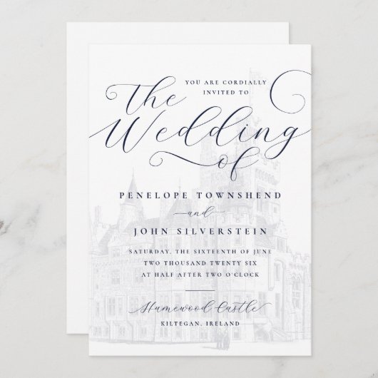 Romantisch Script Kasteel Illustratie Huwelijk Kaart (Voorkant / Achterkant)