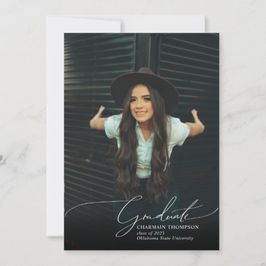 Romantisch Script Navy Blue Foto Collage Afstudere Aankondiging (Voorkant)