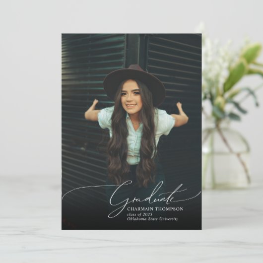 Romantisch Script Navy Blue Foto Collage Afstudere Aankondiging (Staand voorkant)