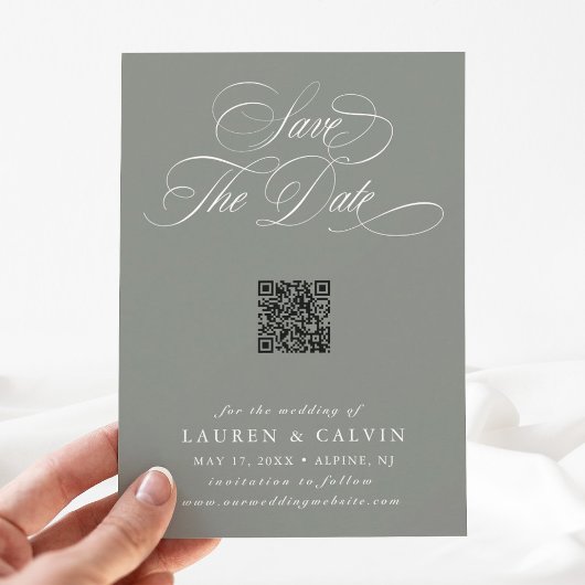 Romantisch Script QR Code Sage Groen Save The Date