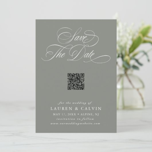 Romantisch Script QR Code Sage Groen Save The Date (Staand voorkant)
