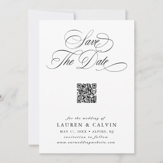 Romantisch Script QR Code Zwart & Wit Save The Date (Voorkant)