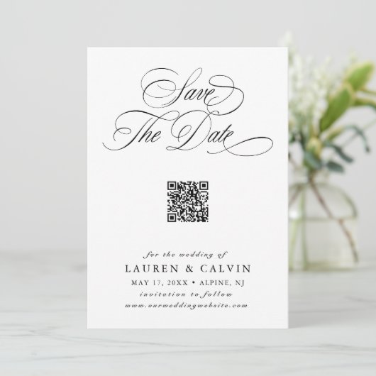 Romantisch Script QR Code Zwart & Wit Save The Date (Staand voorkant)