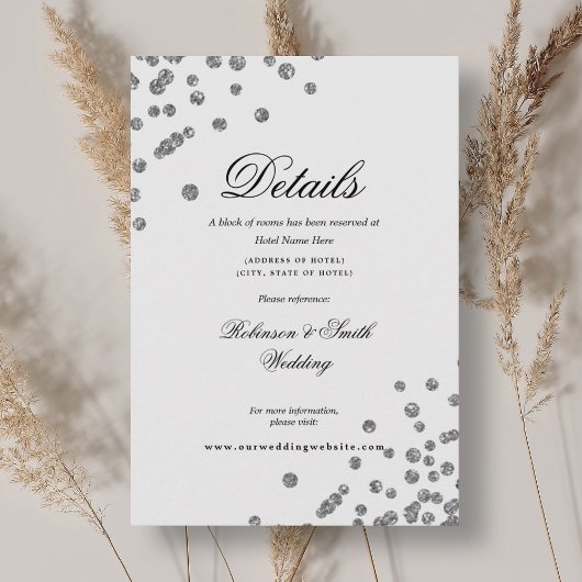Romantisch Script Silver Confetti Wedding Details Informatiekaartje