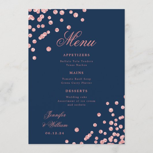 Romantisch Script Trouwen Confetti Roos Gold Navy Menu (Voorkant)