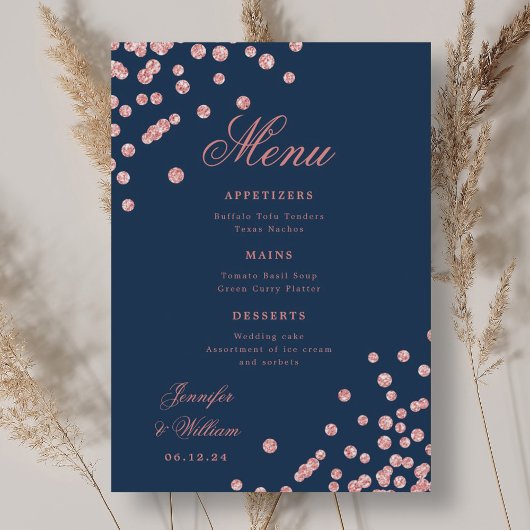 Romantisch Script Trouwen Confetti Roos Gold Navy Menu