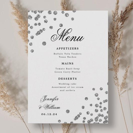 Romantisch Script Trouwen Confetti Silver Menu