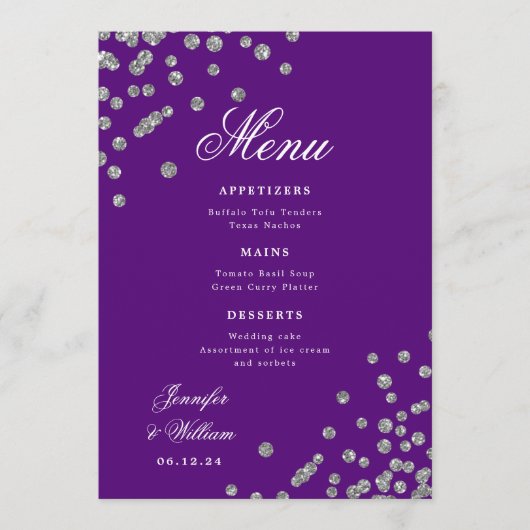 Romantisch Script Trouwen Confetti Zilver Paarse Menu (Voorkant)