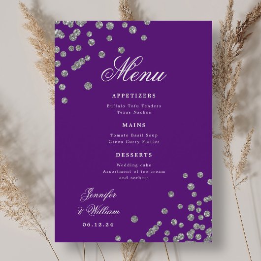 Romantisch Script Trouwen Confetti Zilver Paarse Menu