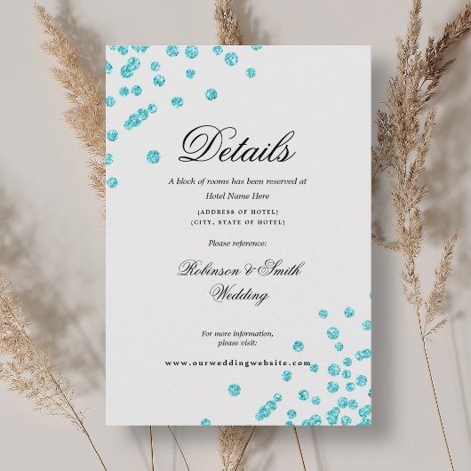 Romantisch Script Turquoise Confetti Wedding Detai Informatiekaartje