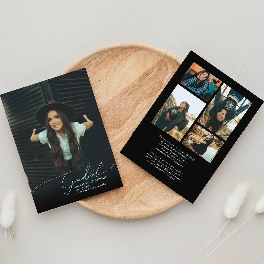 Romantisch Script Zwart Fotocollage Afstuderen Aankondiging