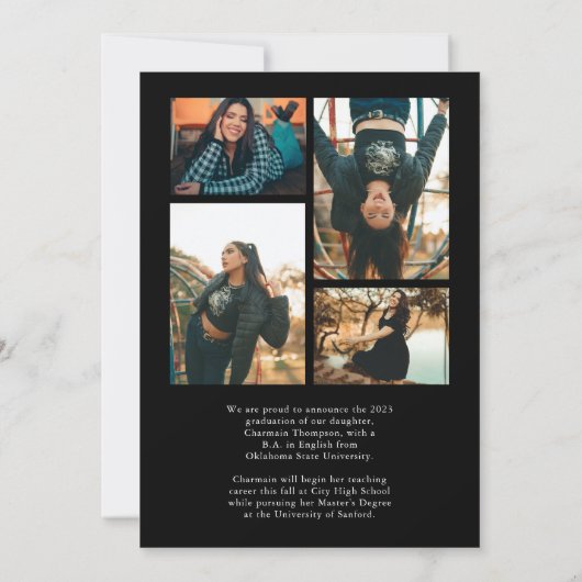 Romantisch Script Zwart Fotocollage Afstuderen Aankondiging (Achterkant)